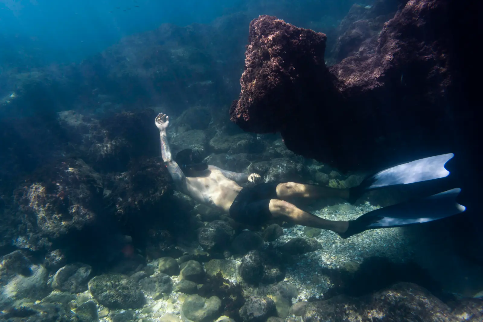Swimmer exploring cracks and overhangs of a rocky reef